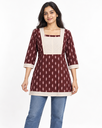 kalaabam Maroon Short Kurti with Ivory Cont
