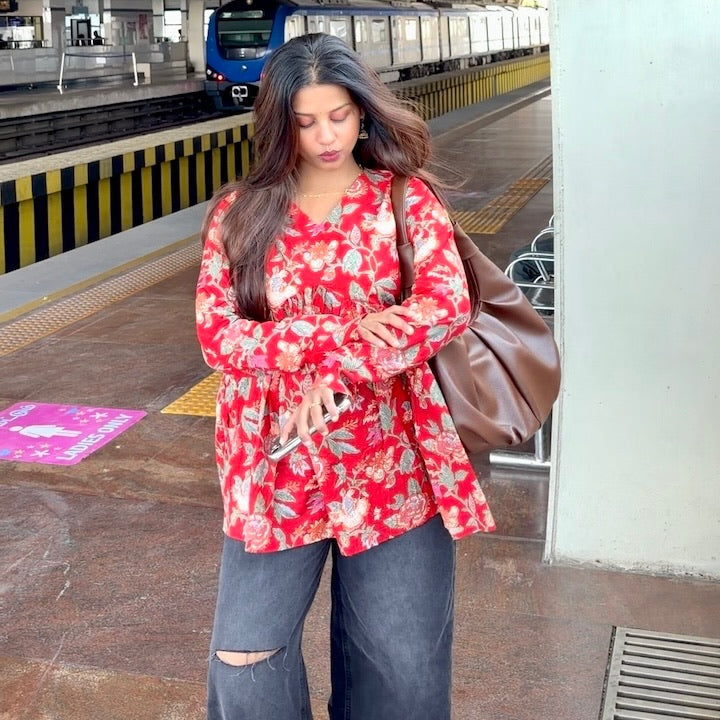 Kalaabam Red Floral Peplum Short Top