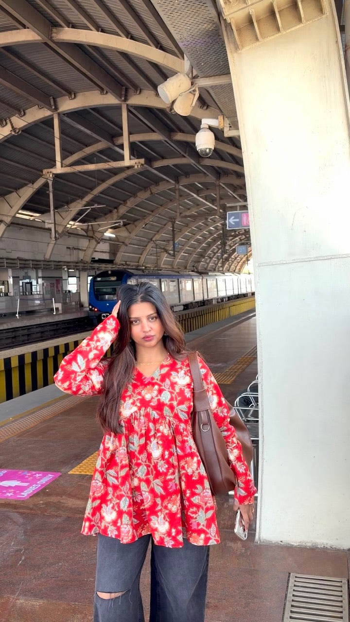Kalaabam Red Floral Peplum Short Top