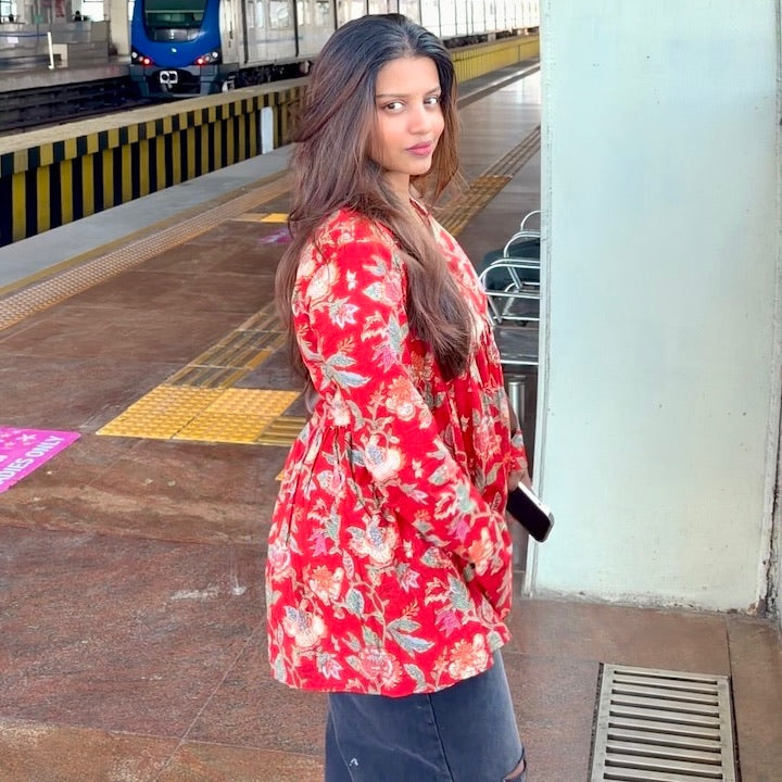 Kalaabam Red Floral Peplum Short Top