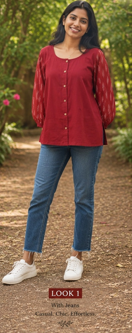 kalaabam Red ikkat Shirt Top