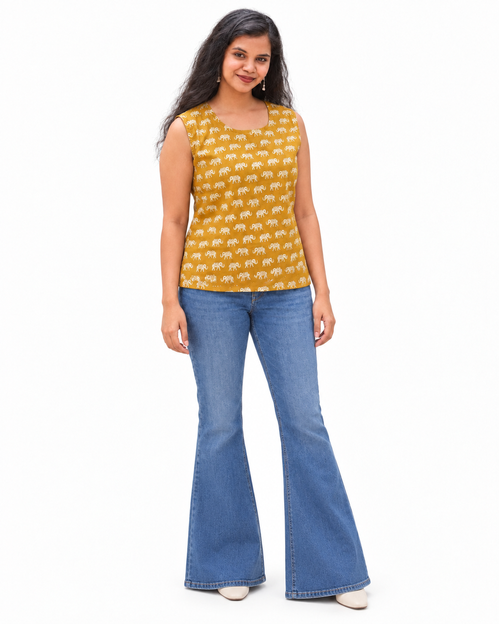 Kalaabam Mustard Elephant Print Sleeveless Short Top