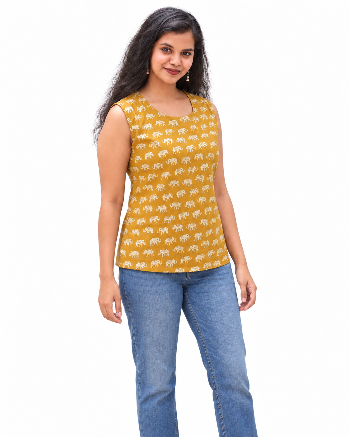 Kalaabam Mustard Elephant Print Sleeveless Short Top