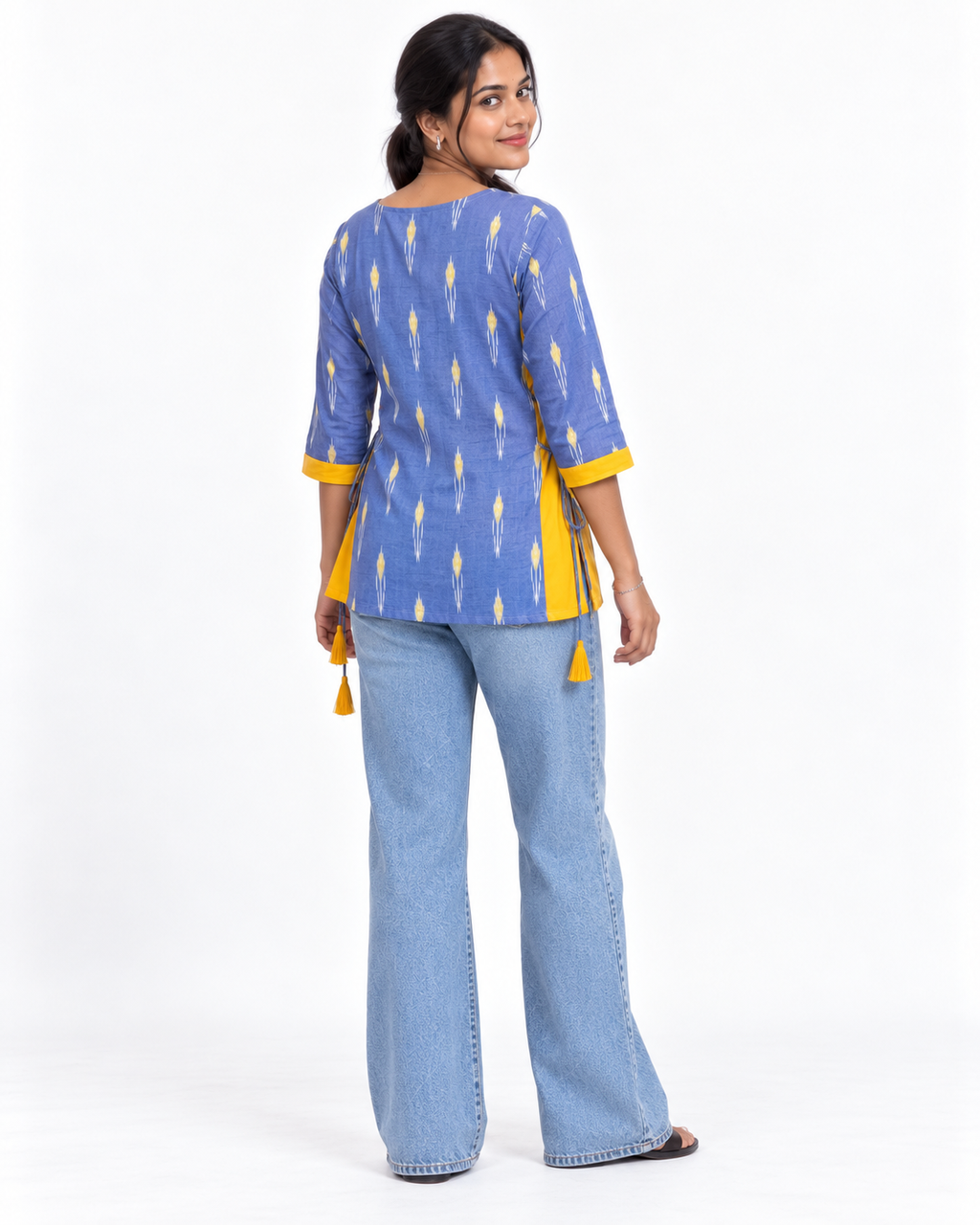 Kalaabam Blue & Yellow Ikat Short Kurti with Side Ties