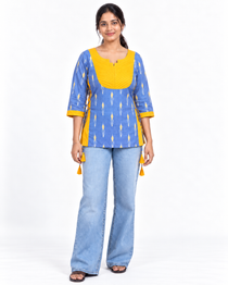 Kalaabam Blue & Yellow Ikat Short Kurti with Side Ties