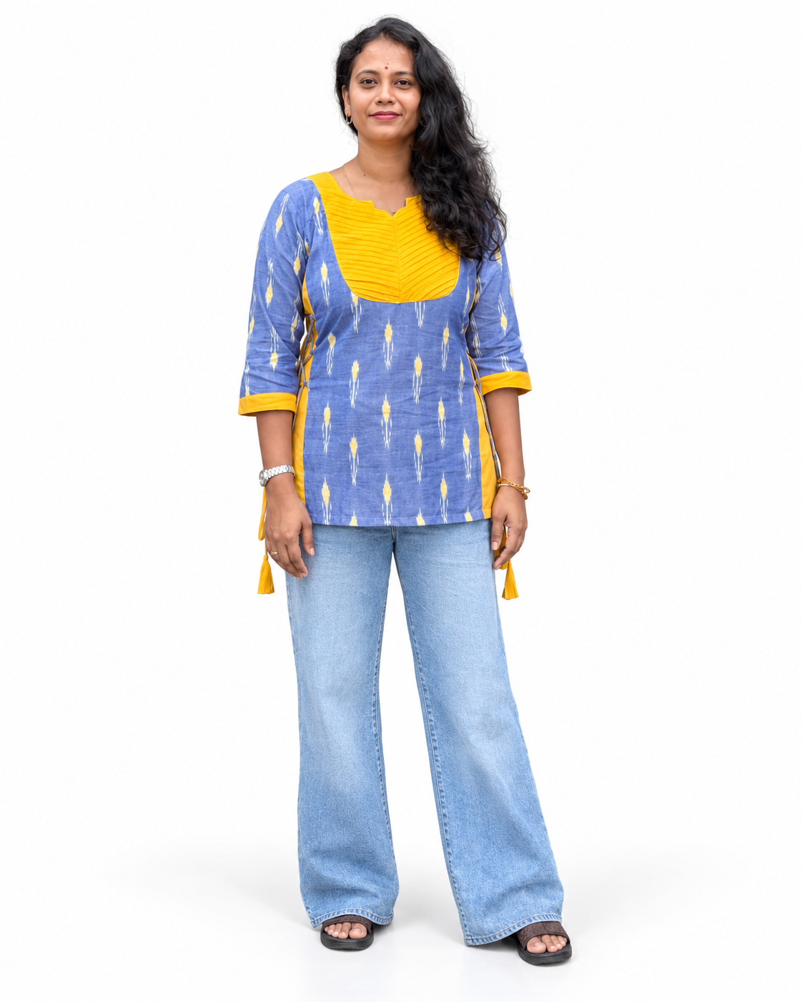 Kalaabam Blue & Yellow Ikat Short Kurti with Side Ties