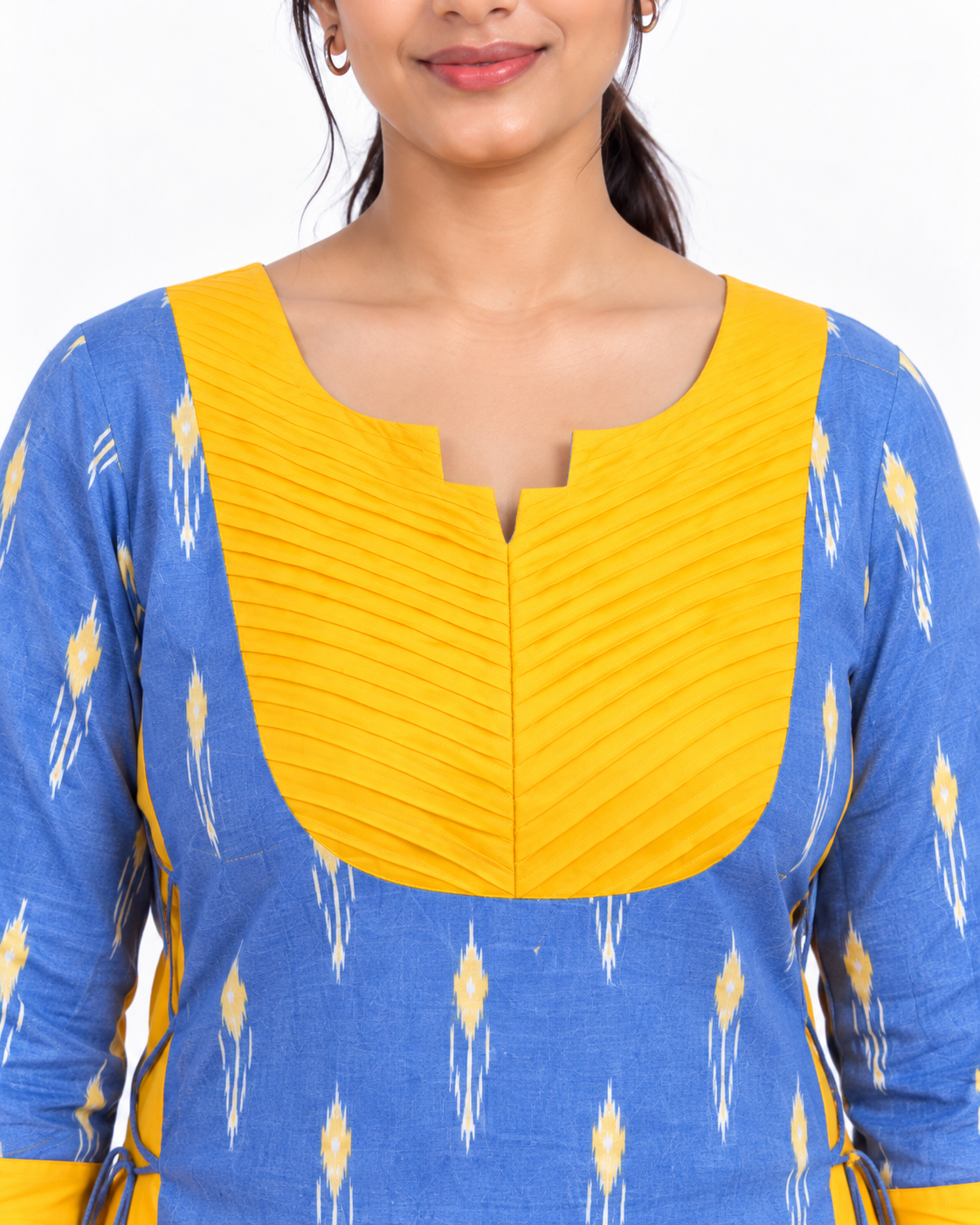 Kalaabam Blue & Yellow Ikat Short Kurti with Side Ties Secondary image