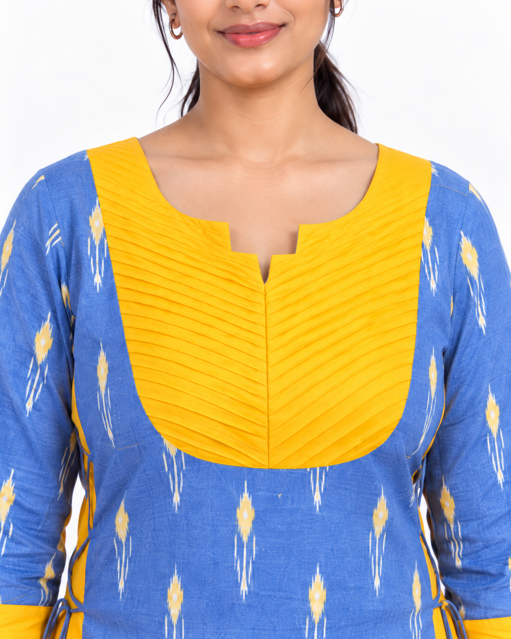 Kalaabam Blue & Yellow Ikat Short Kurti with Side Ties