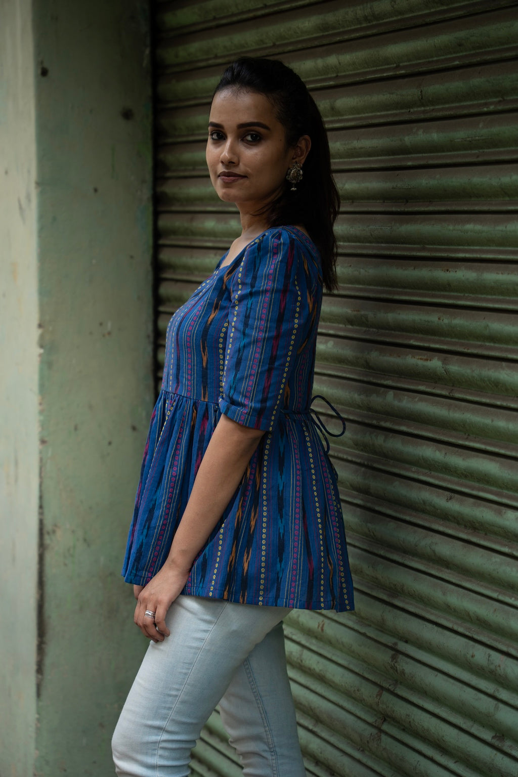Kalaabam Indigo Ikat Peplum Cotton Top