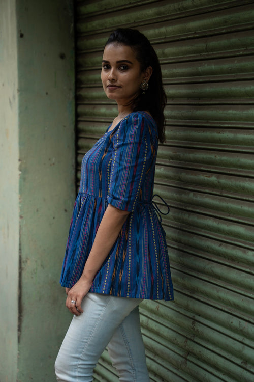 Kalaabam Indigo Ikat Peplum Cotton Top