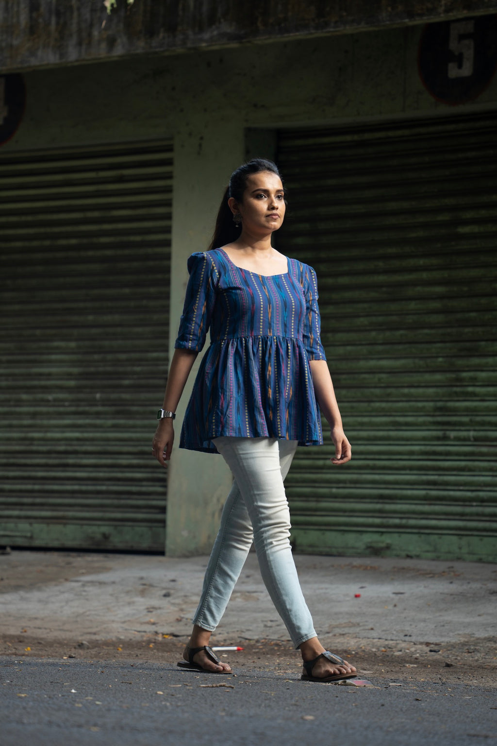 Kalaabam Indigo Ikat Peplum Cotton Top