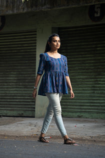 Kalaabam Indigo Ikat Peplum Cotton Top