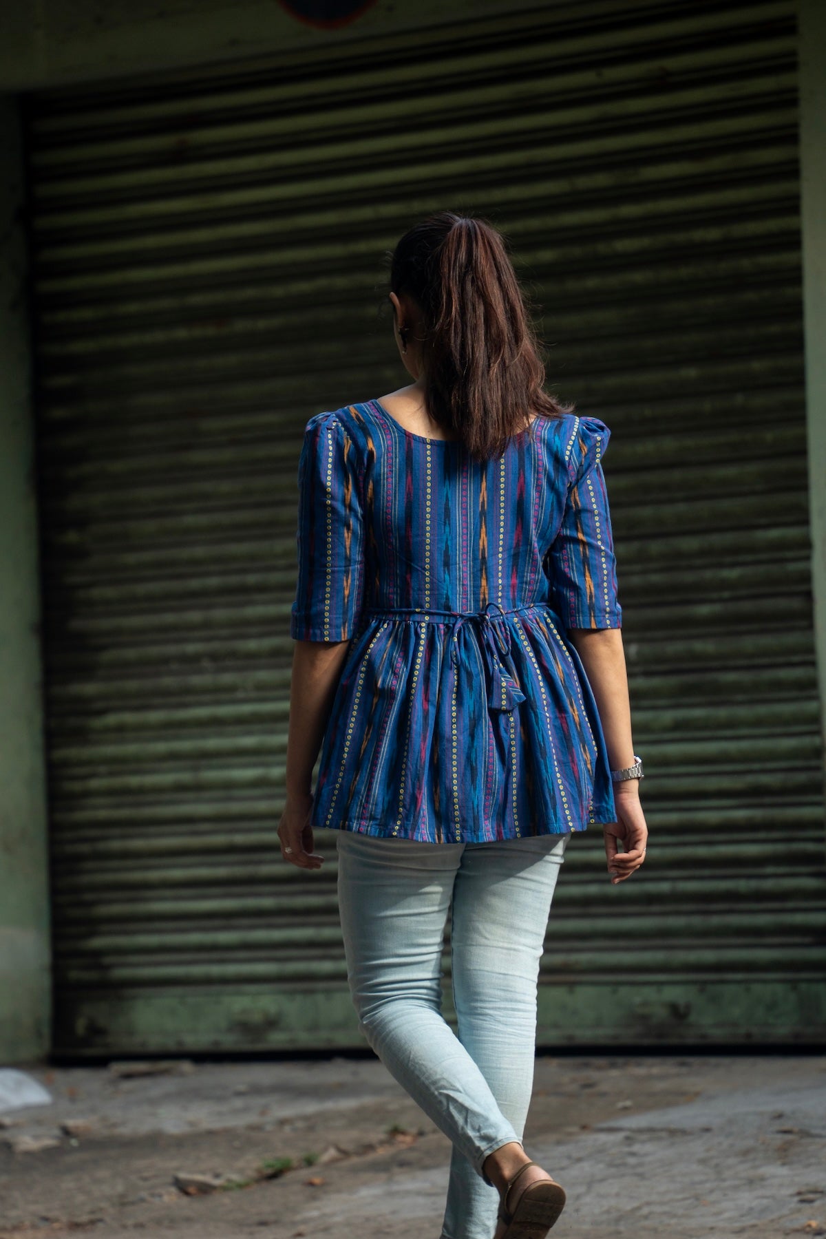 Kalaabam Indigo Ikat Peplum Cotton Top