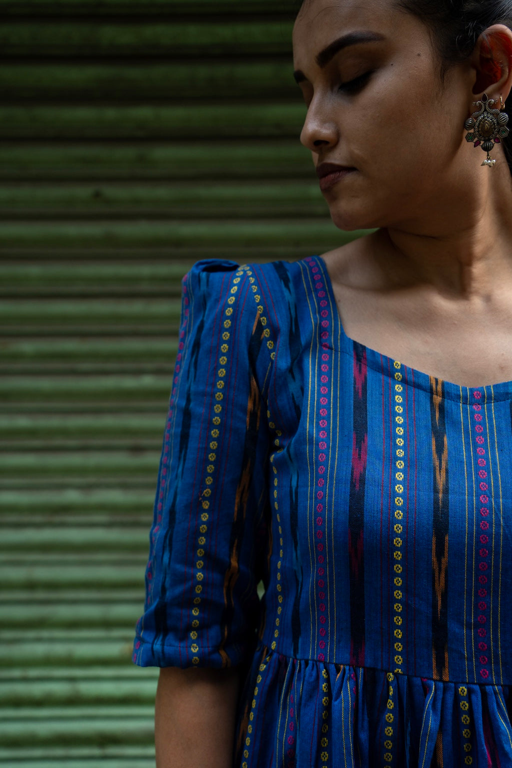 Kalaabam Indigo Ikat Peplum Cotton Top