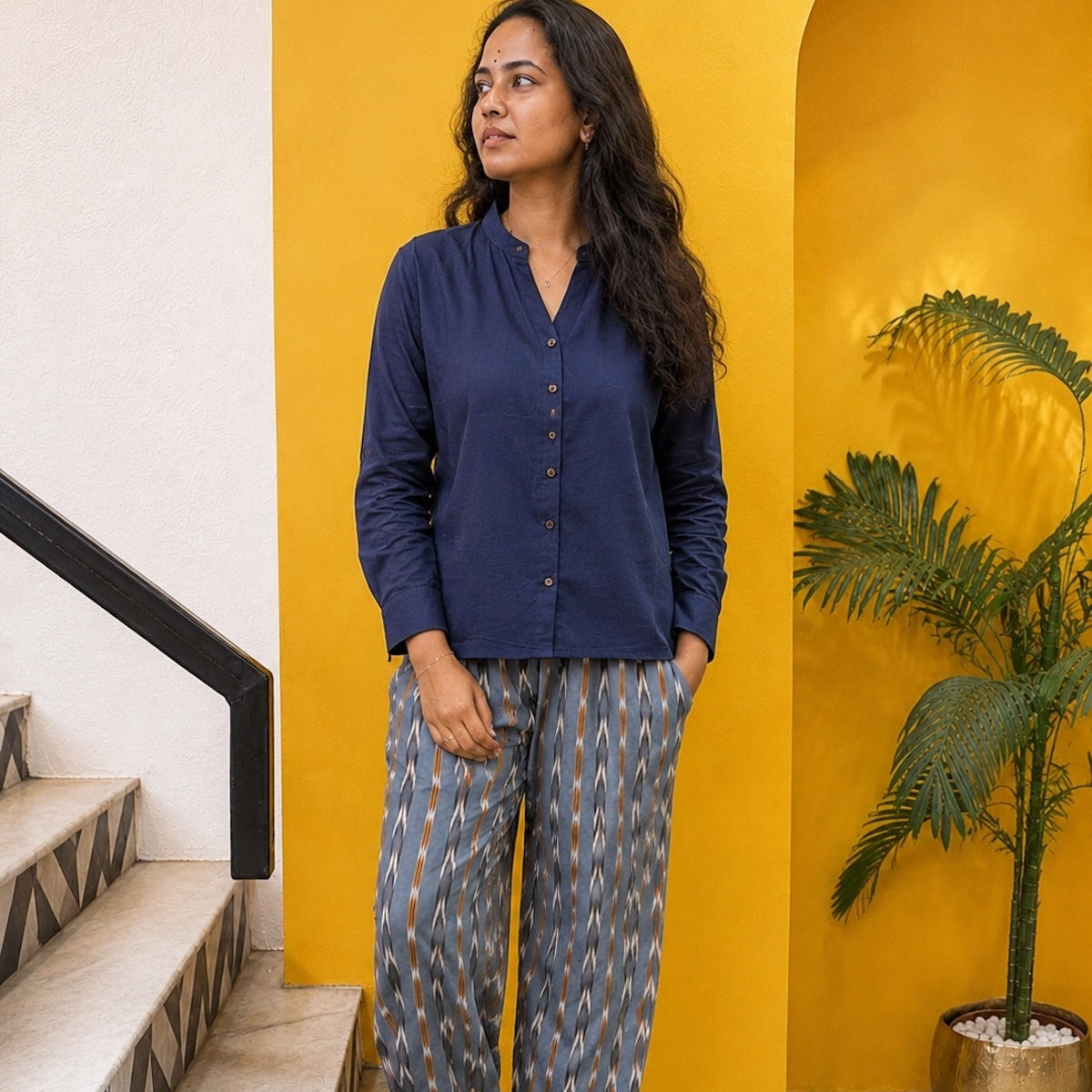Kalaabam Navy blue Cotton Top with Grey Ikat Printed Pants