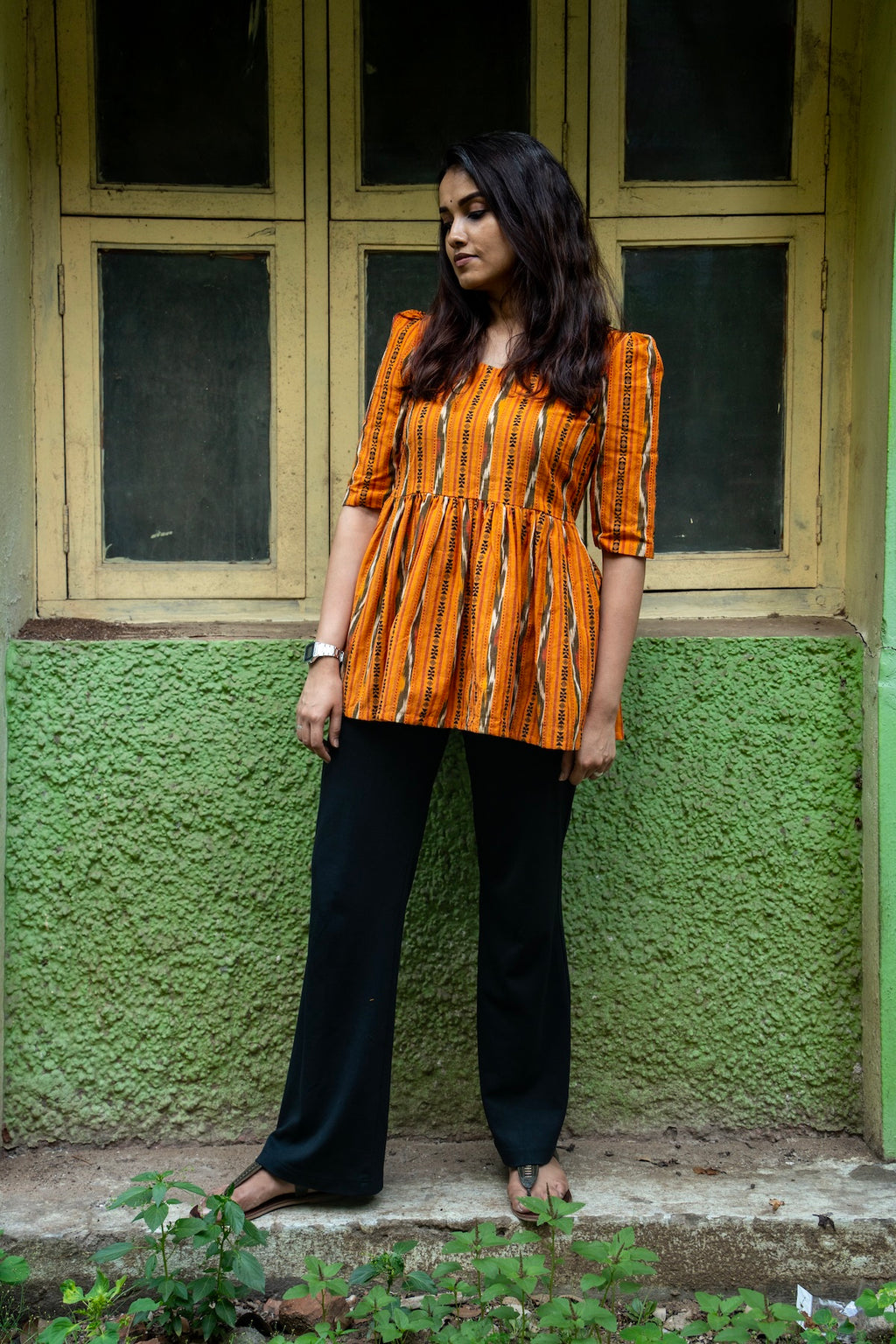 Kalaabam Ochre Ikat Cotton Short Top
